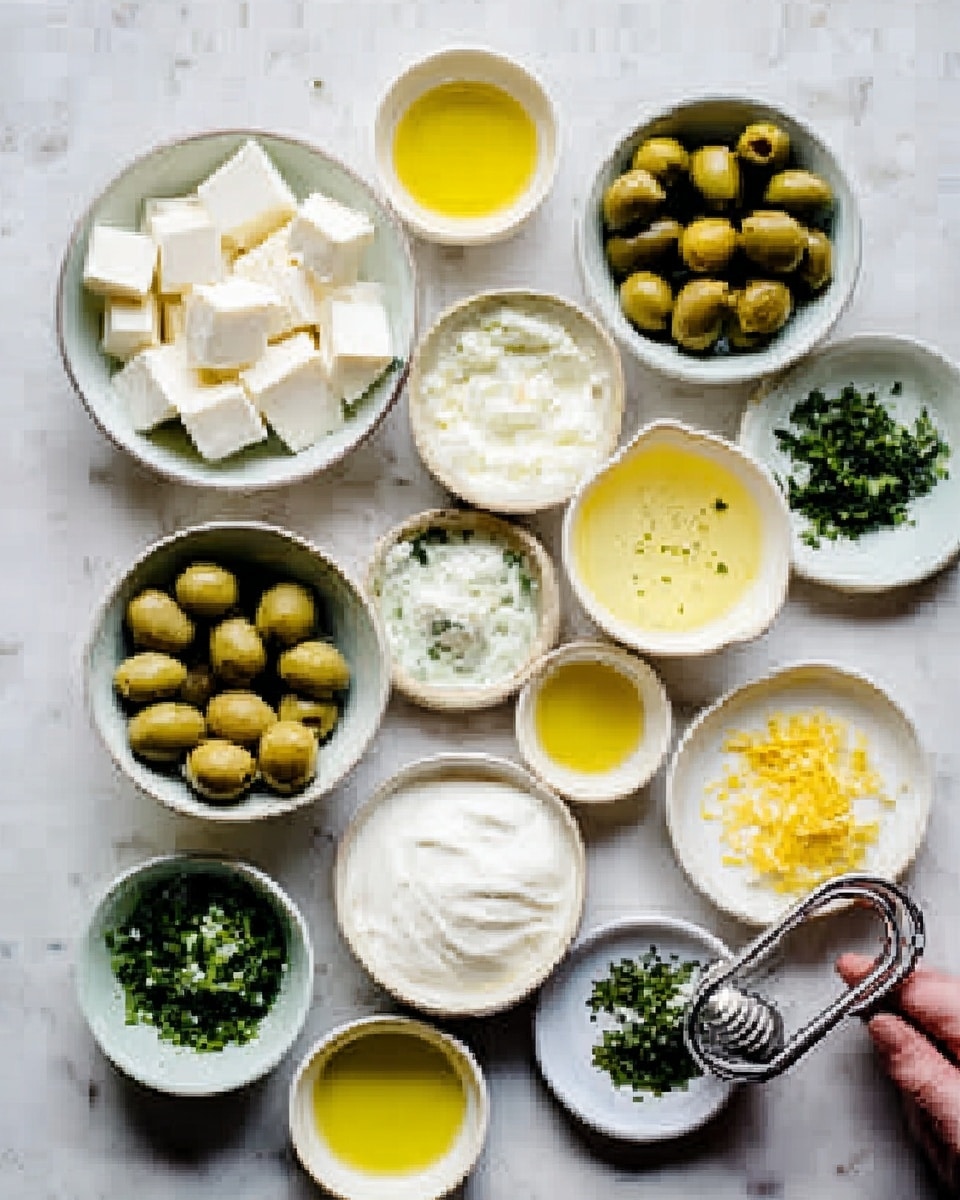 The image shows a top view of several small white bowls placed on a white marbled surface. There are about twelve bowls arranged loosely, each holding different ingredients. One bowl contains large white cheese cubes, another is filled with whole green olives, and a few bowls hold white creamy yogurt or sauce. Other bowls have finely chopped green herbs, small yellow lemon zest, some liquid oils in light yellow, and a pale golden liquid in another. A woman's hand holds a metallic garlic press near the bottom right corner. The overall colors are white bowls with bright green, yellow, and creamy whites inside. photo taken with an iphone --ar 4:5 --v 7