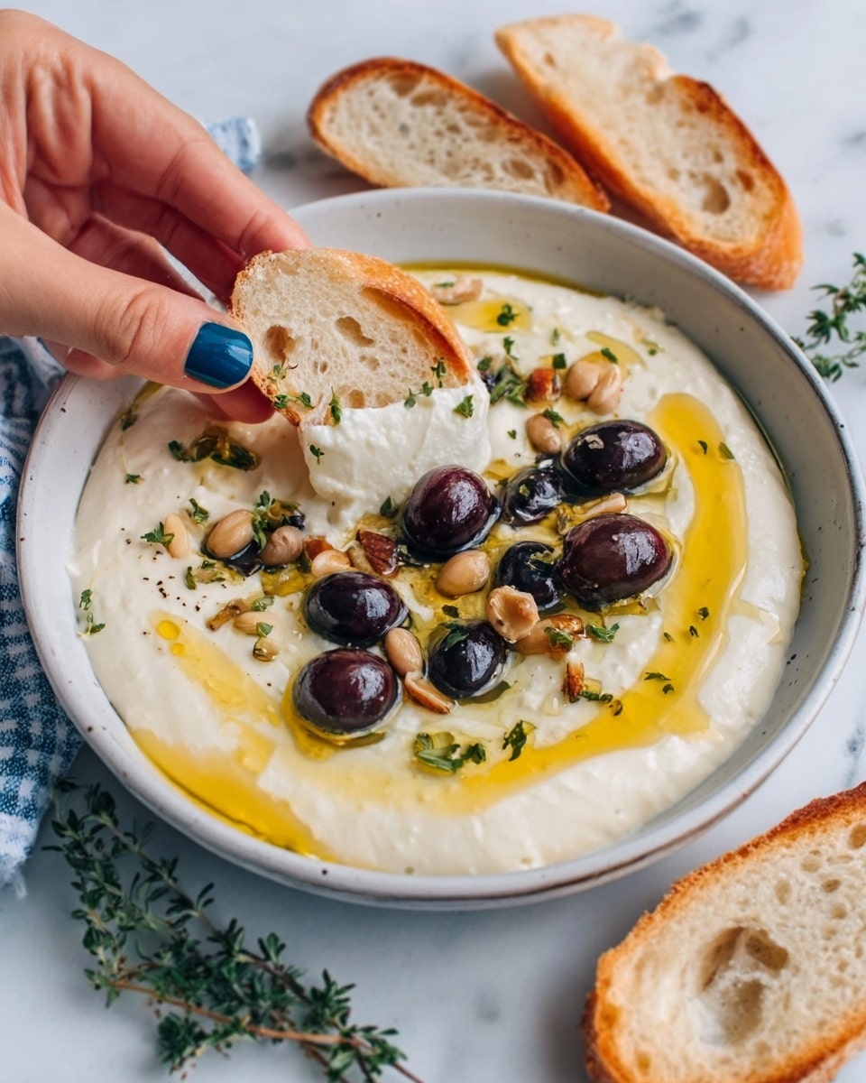 A white plate holds a creamy, smooth yogurt base with a drizzle of golden honey around the edges, topped with whole dark grapes and small round nuts scattered in the center. A piece of soft light brown bread is dipped into the thick yogurt, held by a woman's hand with dark blue nail polish. Two more pieces of bread lean against the edge of the plate. The plate is placed on a white marbled surface with some green herbs around it. Photo taken with an iphone --ar 4:5 --v 7