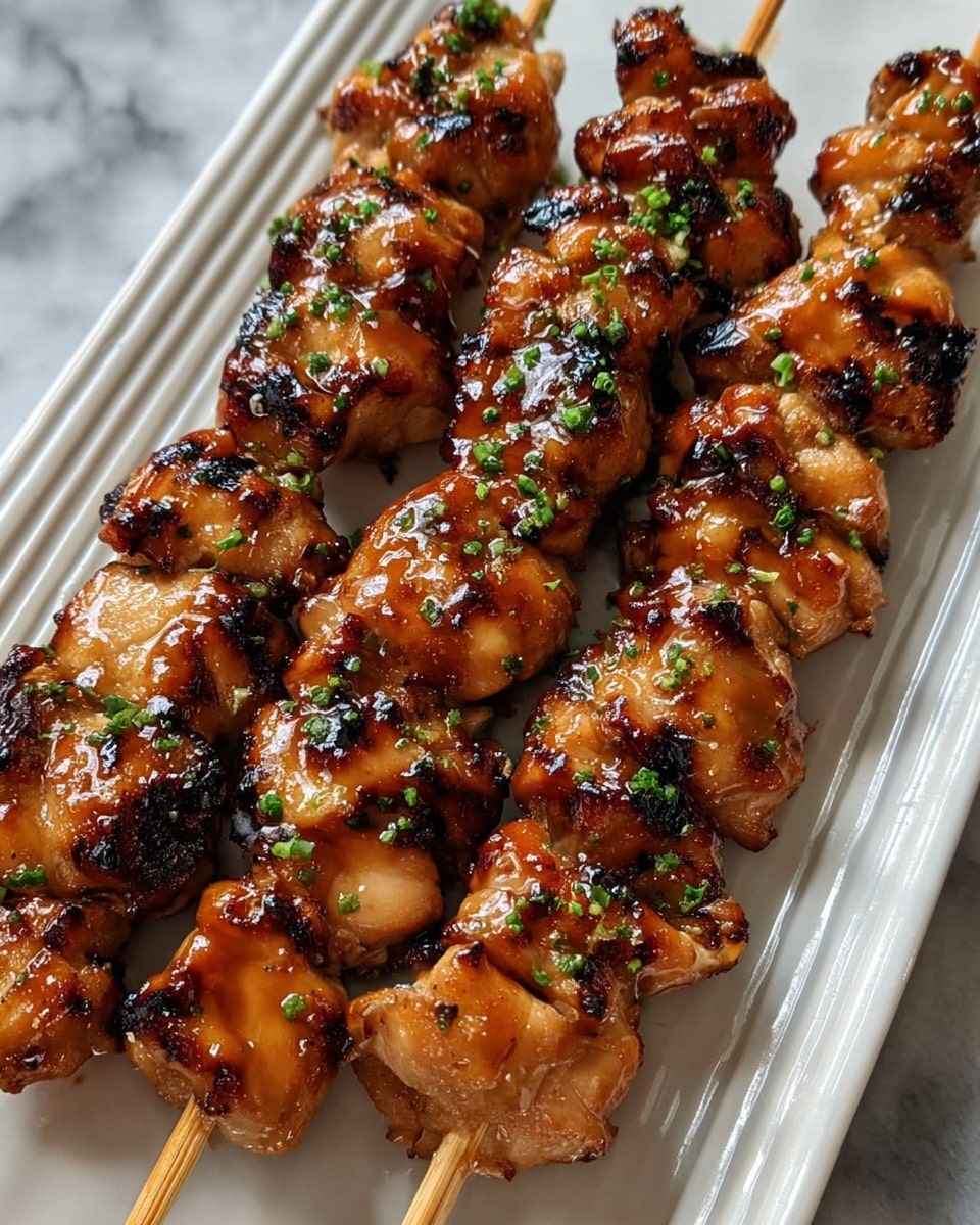 Three wooden skewers each hold several browned, grilled pieces of glazed chicken, lined up closely on a long white plate with ridged edges; the chicken pieces show char marks and a shiny, sticky glaze with small chopped green herbs sprinkled on top, set against a white marbled surface background photo taken with an iphone --ar 4:5 --v 7