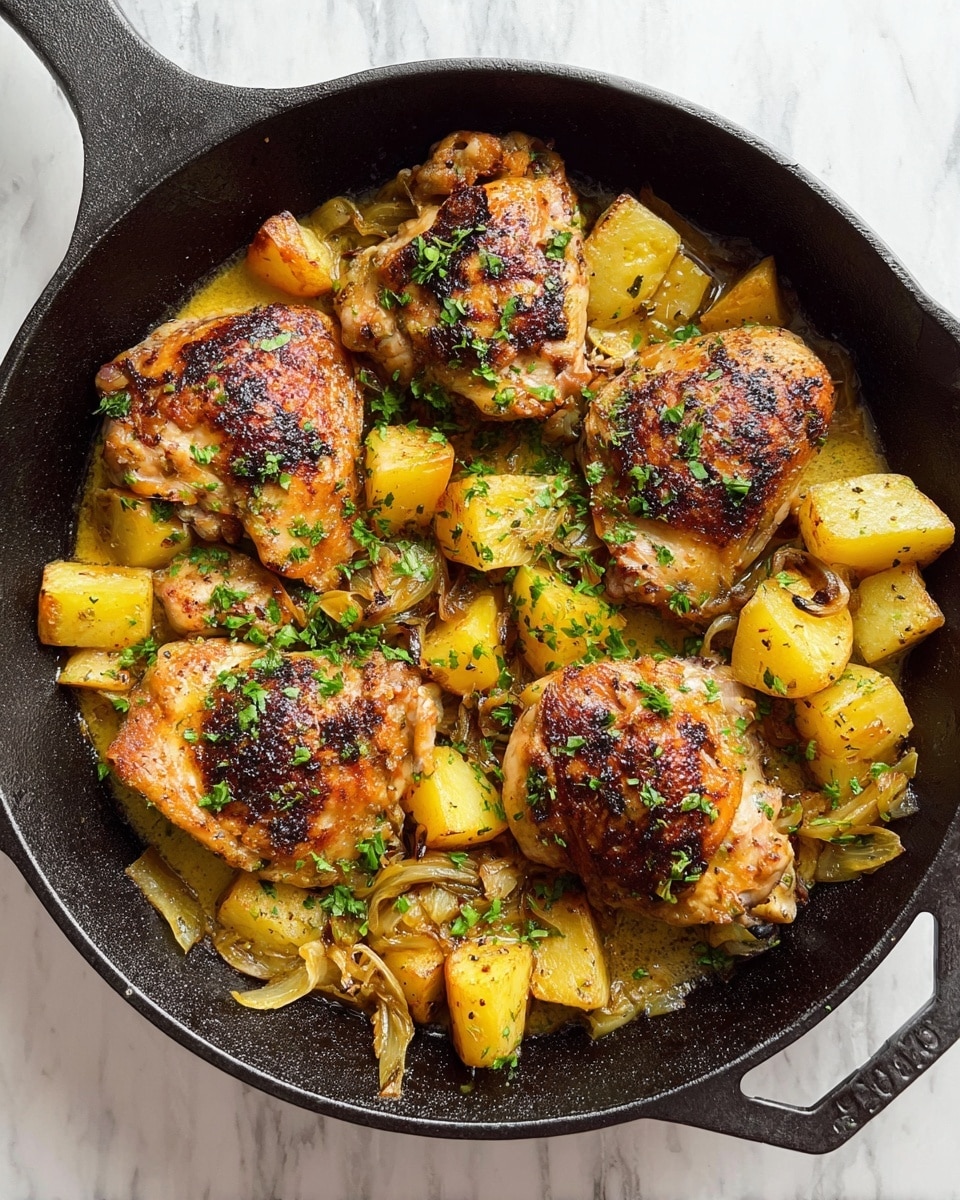 In a black cast iron pan, four browned chicken pieces with crispy skin are arranged on top of a bed of chunky golden-yellow roasted potato pieces and slices of light brown cooked leeks, all sprinkled with chopped bright green herbs. The potatoes and leeks have a soft, slightly caramelized texture, soaking in a light golden sauce that fills the pan's bottom. The black pan contrasts with the white marbled surface underneath, and the fresh green herbs add a fresh pop of color against the warm tones of the cooked food. The photo taken with an iphone --ar 4:5 --v 7