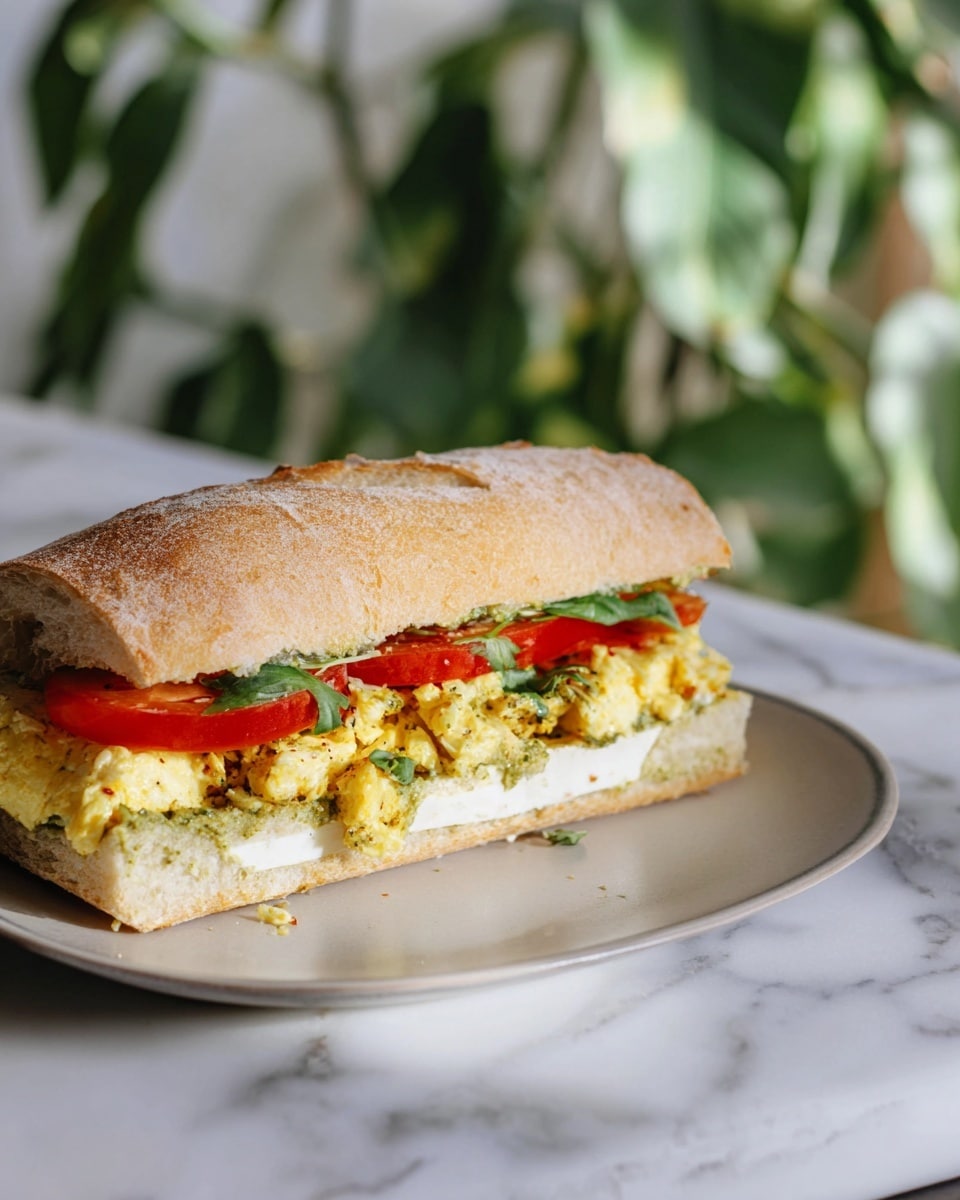 A sandwich with a crusty, light brown ciabatta roll sliced horizontally, filled with four layers: the bottom layer is a soft white cheese, topped with a green pesto spread, followed by a layer of fluffy yellow scrambled eggs with herbs, and a layer of thin red tomato slices at the top. The sandwich is placed on a white plate with a smooth texture on a white marbled surface, with green leafy plants softly blurred in the background. photo taken with an iphone --ar 4:5 --v 7