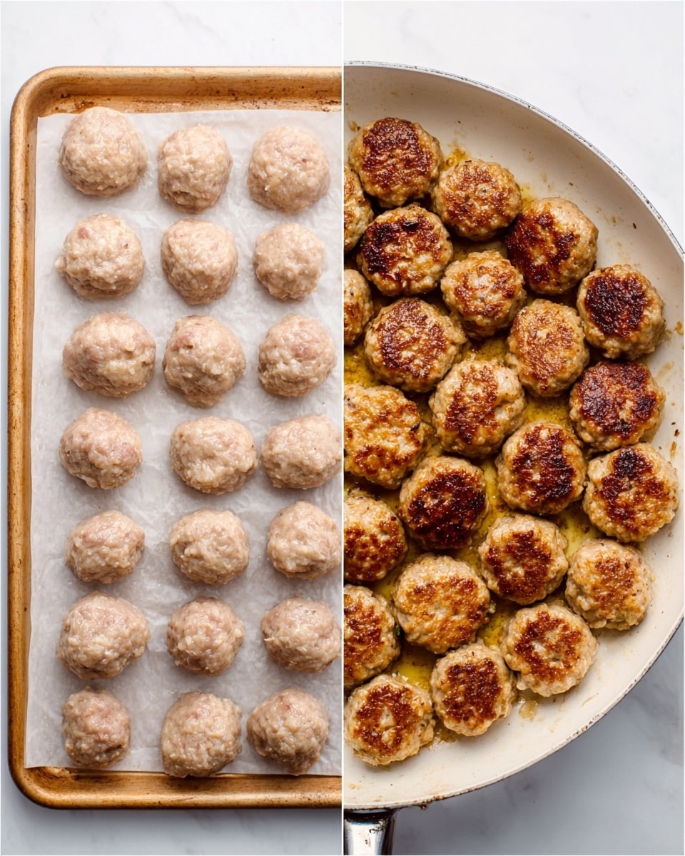 The image shows two side-by-side scenes of small round meat patties. On the left side, many uncooked light pink meatballs are placed close together on a white parchment-lined tray with a white marbled background. On the right side, the cooked meat patties are browned and placed in a white frying pan. The patties have a textured surface with a golden-brown crust and are arranged loosely in the pan, showing a slightly uneven round shape. photo taken with an iphone --ar 4:5 --v 7