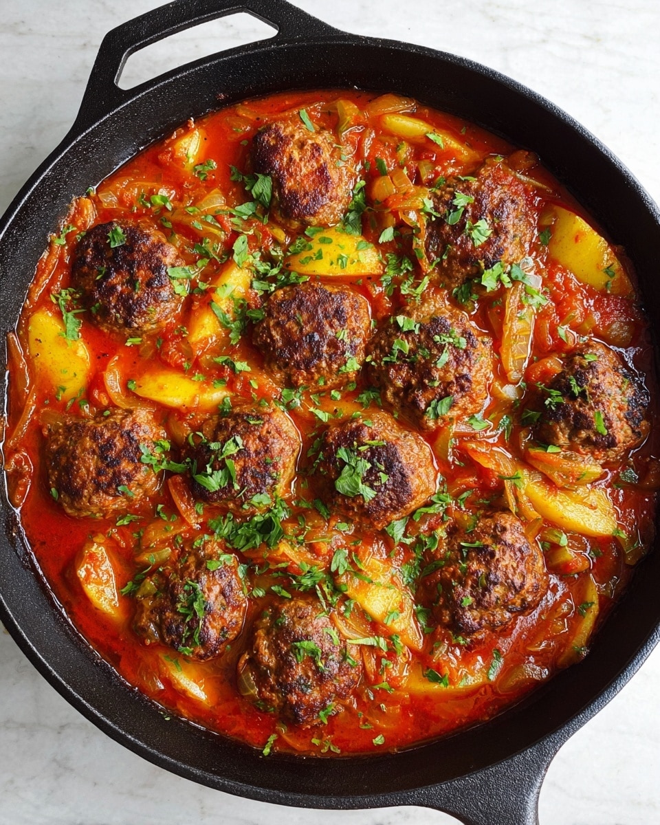 A black cast iron skillet filled with round brown meat patties that have a slightly crispy outer texture, sitting in a bright red tomato-based sauce. The sauce appears thick and rich with visible chunks of yellow potato wedges and translucent cooked onions scattered throughout. The dish is sprinkled with chopped fresh green herbs on top, adding a burst of color. The skillet rests on a white marbled surface. Photo taken with an iphone --ar 4:5 --v 7