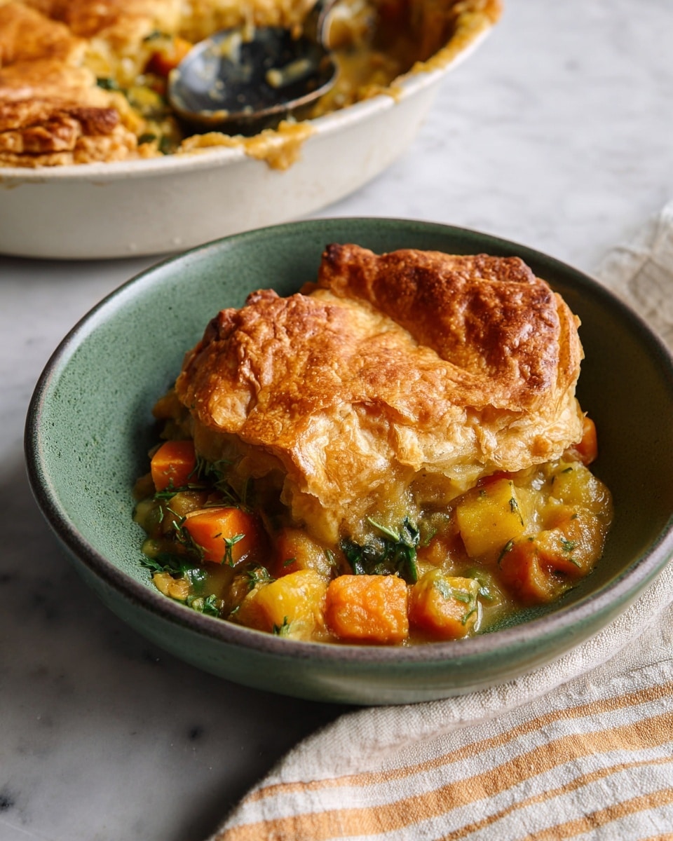 A green bowl holds one serving of a vegetable pot pie with two main layers; the top layer is golden brown, flaky crust with an uneven, slightly puffed texture, while the bottom layer shows a thick, creamy mix of diced orange and yellow vegetables and green leafy herbs all coated in a rich sauce. The bowl sits on a white marbled surface with a beige and white striped cloth nearby, and in the background is a white skillet with more pie, part of its crust lifted by a large spoon. photo taken with an iphone --ar 4:5 --v 7