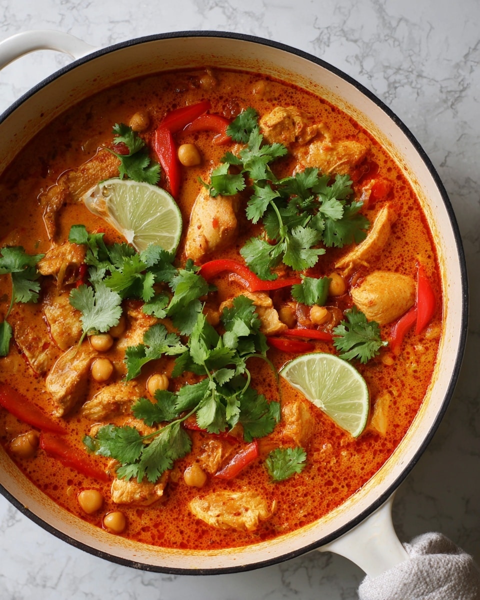 This image shows a white cast iron pot filled with a creamy orange-red curry. The dish has several chunks of light beige cooked chicken pieces, mixed with sliced red bell peppers and chickpeas, all covered in the rich curry sauce. On top, there are many fresh bright green cilantro leaves scattered around, with two thin slices of light green lime placed visibly on the surface. The pot is on a white marbled textured surface, and part of a woman's hand is seen holding the pot handle. The overall look is warm and inviting, with fresh and colorful ingredients photo taken with an iphone --ar 4:5 --v 7