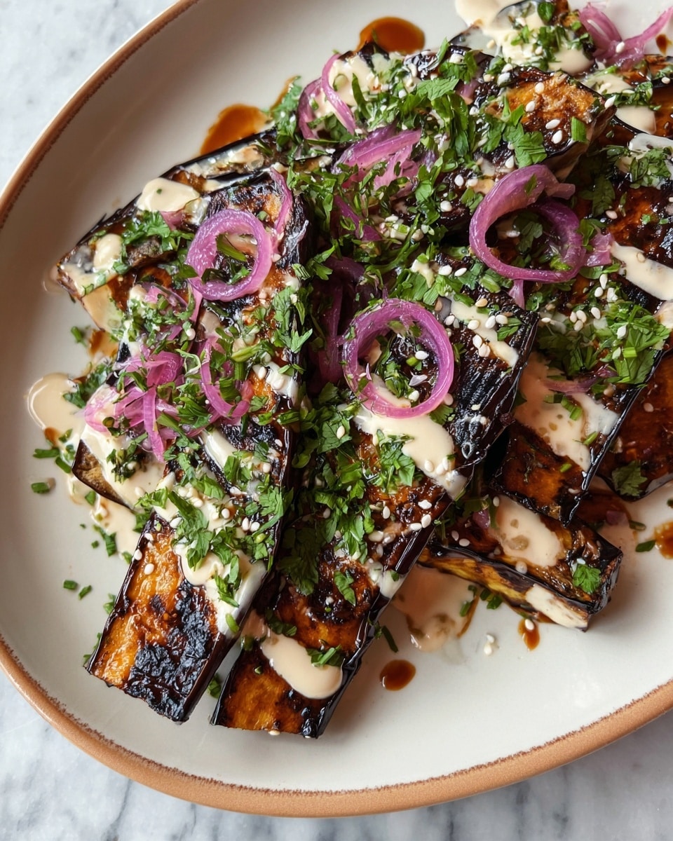 The dish shows six grilled rectangular pieces of eggplant with dark char marks on the edges and lighter orange-brown centers, arranged closely on a white plate. The eggplant pieces are topped with thin, curled purple pickled onions and sprinkled generously with chopped fresh green herbs and white sesame seeds. A creamy light beige sauce is drizzled unevenly over the eggplant, with some dark brown sauce drops around it, all set on a white marbled surface. Photo taken with an iphone --ar 4:5 --v 7