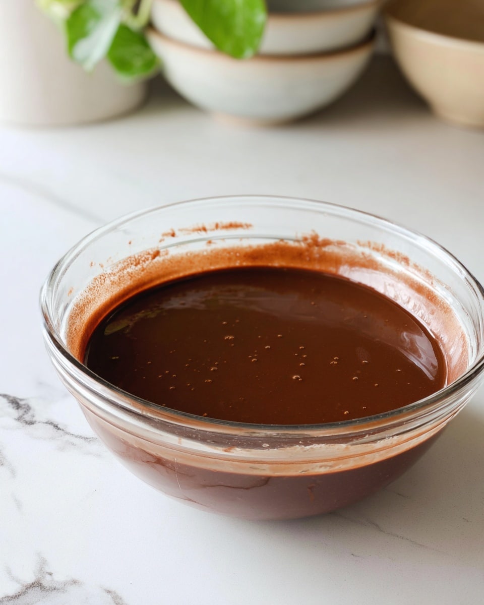 A clear glass bowl is filled with a smooth, thick layer of dark brown chocolate mixture that has a shiny, wet texture. The chocolate layer is even and rich, taking up most of the bowl's space, with slight residue marks on the inside edges. The bowl sits on a white marbled surface, and in the background, there are some blurred plants and neutral-colored plates. Photo taken with an iphone --ar 4:5 --v 7