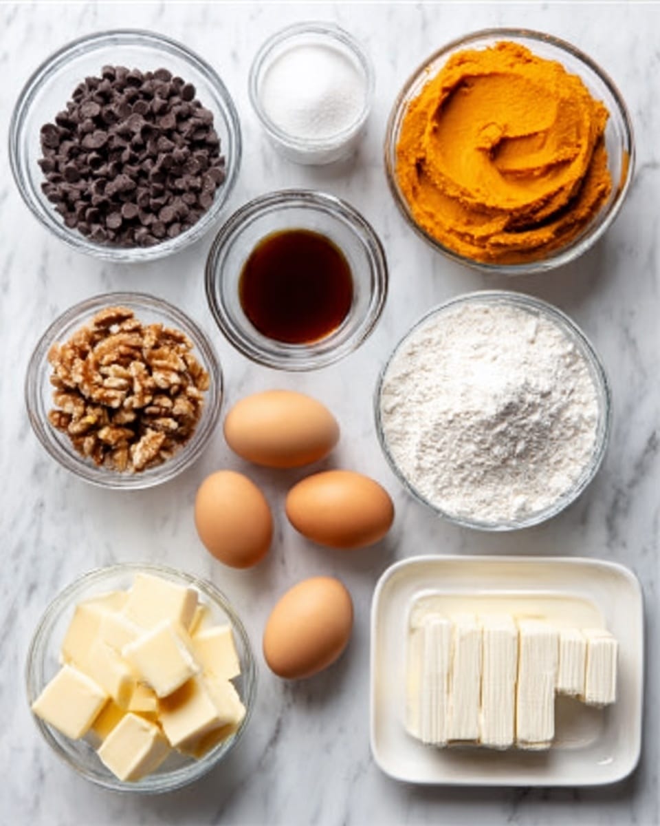 The image shows various baking ingredients arranged neatly on a white marbled surface. There are clear glass bowls filled with dark chocolate chips, smooth orange pumpkin puree, chopped nuts, and dark brown liquid vanilla extract. A larger clear bowl holds white granulated sugar, while a small glass container has a white powder, possibly baking soda. Four light brown eggs lie in the middle, near a white bowl filled with white flour and a white rectangular dish with cream cheese blocks. Below the eggs are small cubes of light yellow butter. The colors range from deep brown and orange to soft whites and yellows, with the clear bowls showing the textures clearly. Photo taken with an iphone --ar 4:5 --v 7