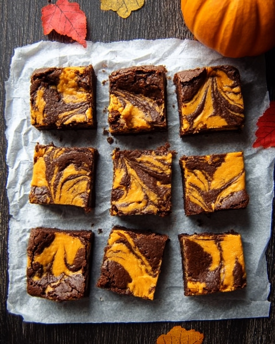 The image shows nine square pumpkin brownies placed in a 3x3 grid on white parchment paper. Each brownie has a swirled pattern on top, combining deep brown chocolate and bright orange pumpkin colors, creating a marbled effect. The brownies have a slightly cracked, soft texture on the surface. The white parchment paper rests on a dark wooden table with small colorful autumn leaves scattered nearby, and part of an orange pumpkin is visible to the top right. The overall setting feels cozy and autumn-themed. Photo taken with an iphone --ar 4:5 --v 7