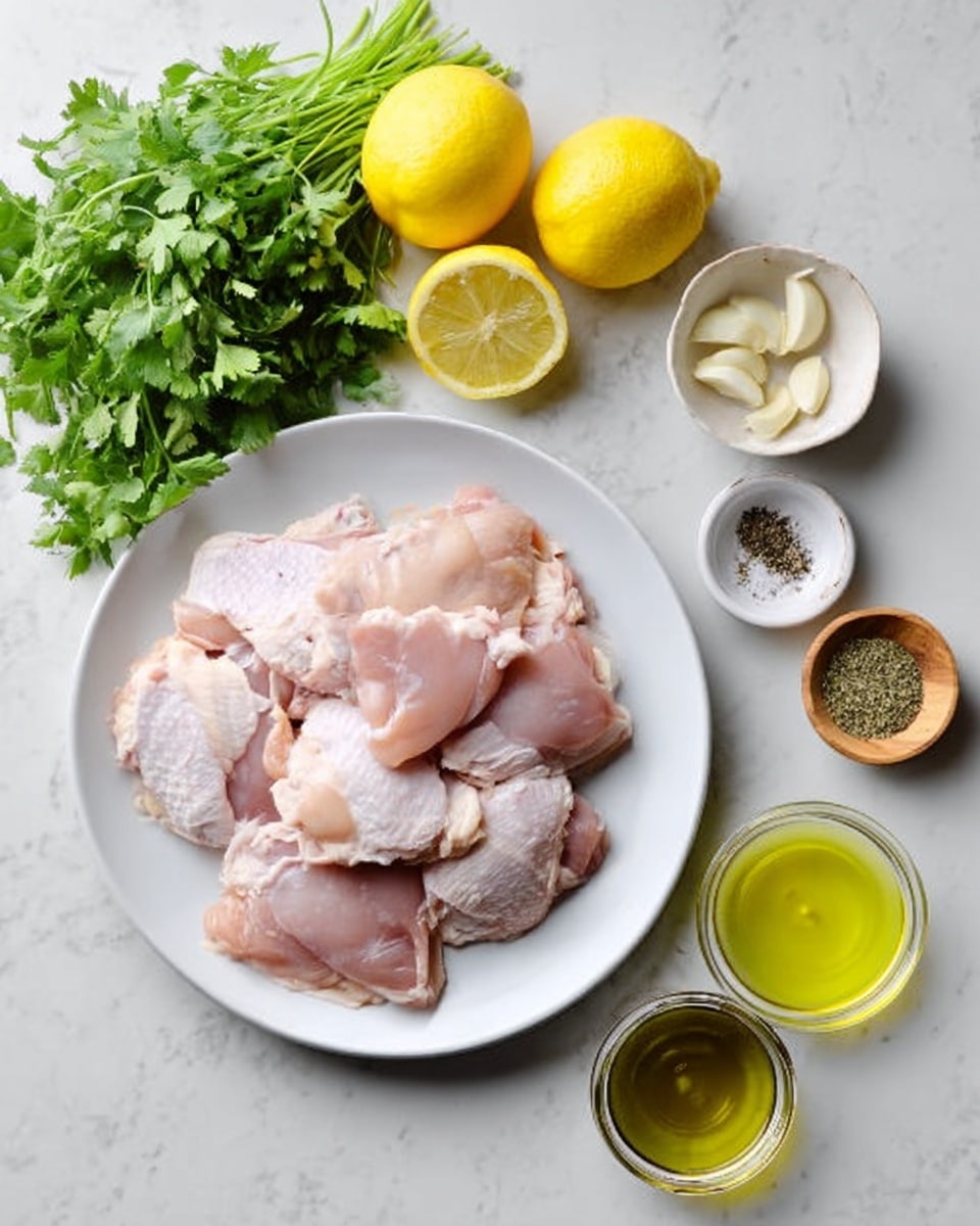 A white plate filled with raw, pale pink chicken thighs arranged in a slightly overlapping pile at the center. Surrounding the plate on a white marbled surface are two yellow lemons, a small white dish holding three peeled garlic cloves, a bunch of fresh green cilantro, a small wooden bowl of salt, and three small jars containing olive oil, black pepper, and dried oregano. The overall scene shows fresh ingredients neatly placed around the white plate. photo taken with an iphone --ar 4:5 --v 7