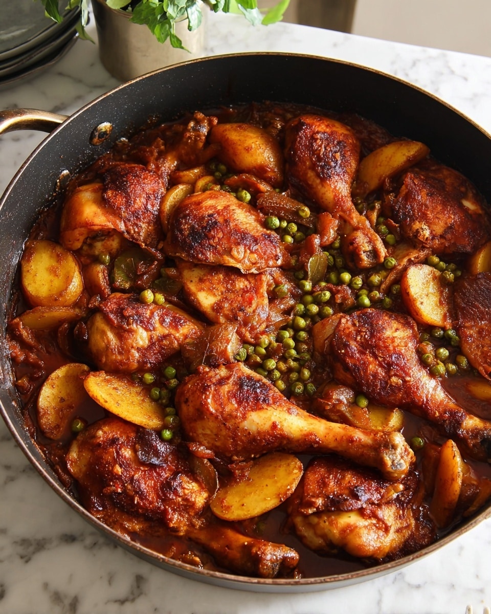 A large black pot filled with a rich, dark reddish-brown stew containing several cooked chicken legs layered with slices of golden-brown cooked potatoes and scattered green peas sitting on top and around the chicken. The chicken skin looks browned and slightly shiny with sauce, while the potatoes have a soft texture with slightly darker edges. The background is a white marbled surface with some blurred plants and kitchenware. Photo taken with an iphone --ar 4:5 --v 7