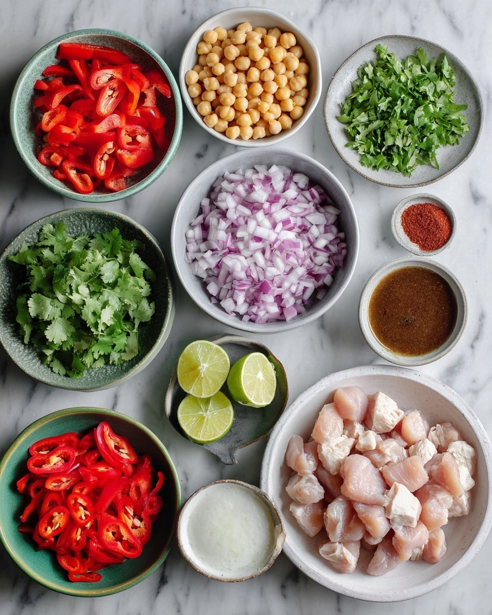 The image shows a white marbled surface with several small white bowls containing fresh ingredients arranged neatly. In the top section, there is a bowl of golden toasted croutons, fresh green basil leaves, olive oil in a small bottle, and an avocado cut in half. Below, a bowl holds light brown grains, a bowl of dark purple olives, and another with bright red sun-dried tomatoes. To the right, a bowl is filled with fresh dark green spinach leaves. In the lower part of the image, a wooden cutting board has two grilled pieces of chicken with golden grill marks. There is also a bowl of creamy white cheese, a round slice of lemon, and a small bowl with minced garlic and ground black pepper. The whole layout is clean and bright, with focus on the fresh, colorful ingredients. Photo taken with an iphone --ar 4:5 --v 7