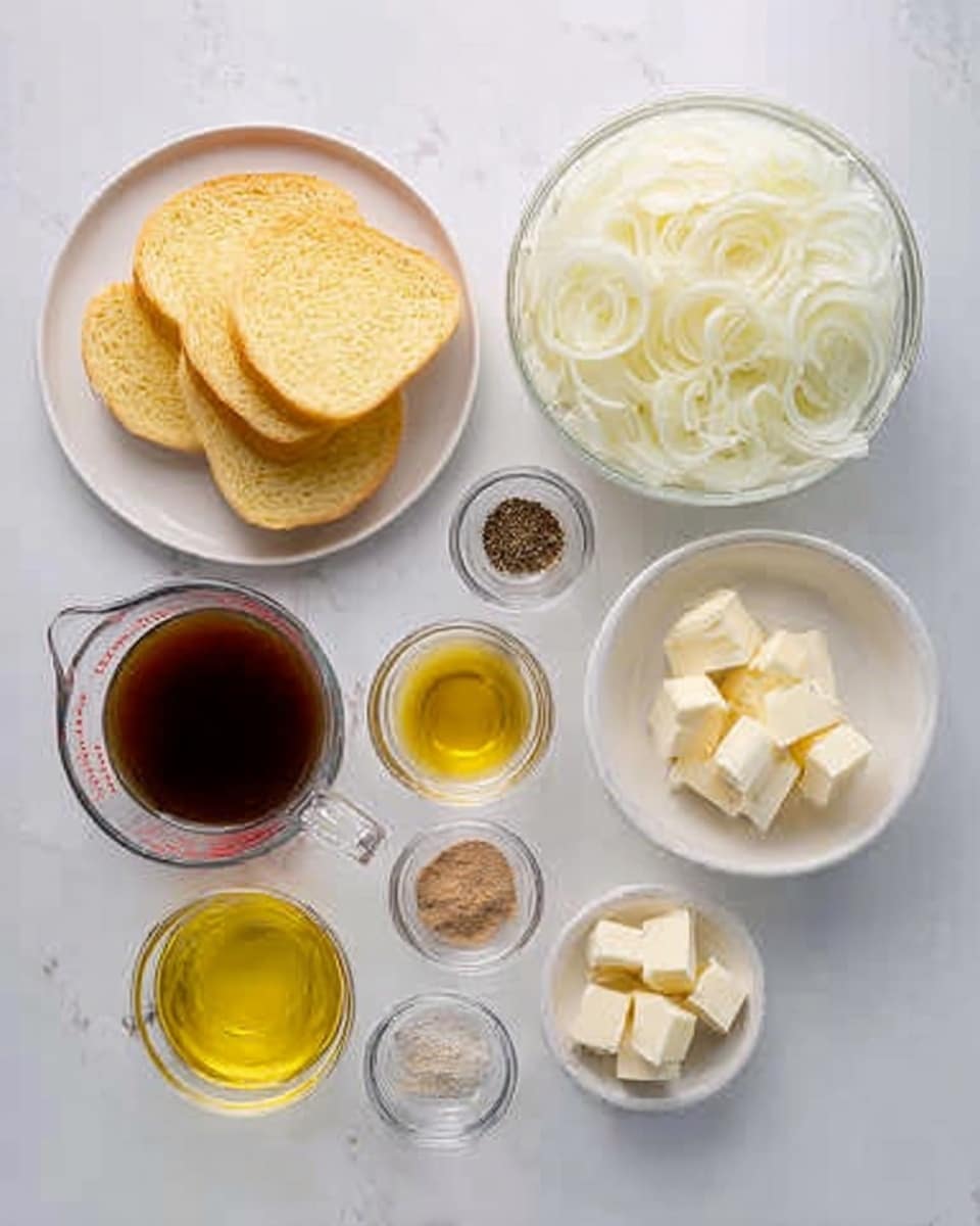 The image shows many ingredients neatly placed on a white marbled surface. There are three light yellow round slices stacked on a white plate. Next to it is a white plate with three slices of bread. A large clear bowl filled with thin white sliced onions is on the upper right side. Below, from left to right, a clear measuring cup holds a dark brown liquid, and three small glass bowls with yellow oil, a light brown powder, and small white cubes, possibly butter or cheese, are arranged. Two tiny clear bowls with black pepper and another light powder sit near the bottom center. The scene is clean and well-lit, simple and organized, photo taken with an iphone --ar 4:5 --v 7