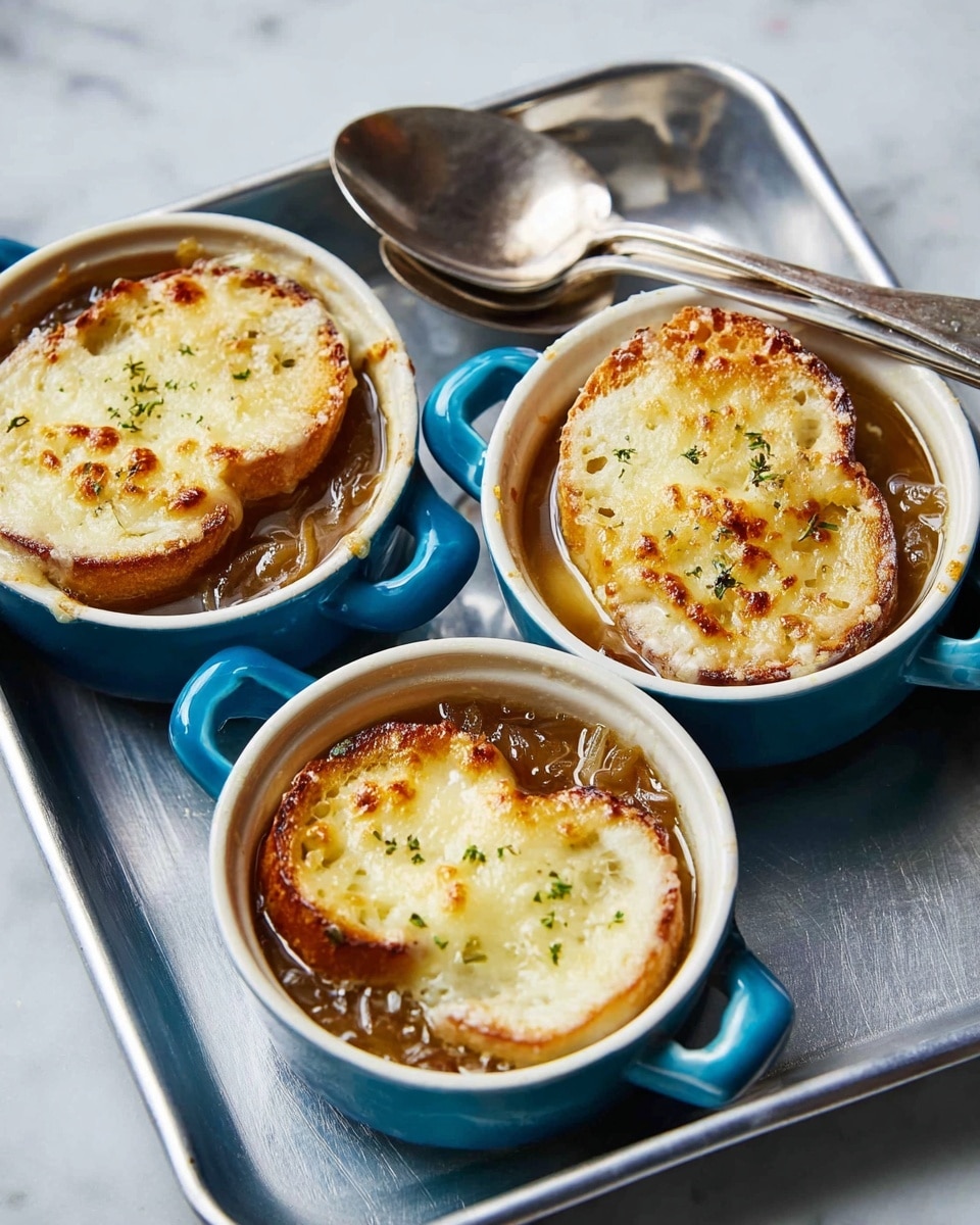 The image shows three small white bowls with blue handles placed on a silver tray. Inside each bowl, there is a serving of soup with caramelized brown onions visible through the clear, light brown broth. Each bowl has one round, toasted bread slice floating on top, covered with melted, golden-brown cheese that is bubbly and slightly browned. Two silver spoons rest on the tray, with one spoon partially inside a bowl. The setting is on a white marbled surface, and the overall lighting highlights the textures of the melted cheese and the broth. photo taken with an iphone --ar 4:5 --v 7