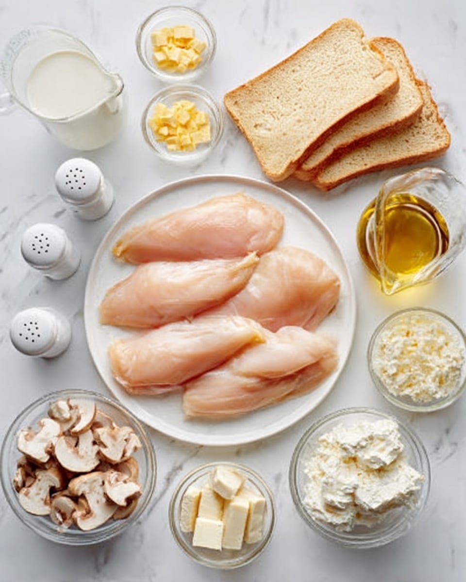A white plate holds six raw, smooth chicken fillets arranged evenly. Nearby, there are five slices of white bread stacked slightly overlapping on a white marbled surface. Around them are small glass bowls with various ingredients: white salt and pepper shakers, a bowl with small yellow cubes, a glass filled with milk, a bowl of white cottage cheese, a small bottle of olive oil, a bowl of sliced light brown mushrooms, and a lemon wedge. The scene is set on a white marbled background. Photo taken with an iphone --ar 4:5 --v 7