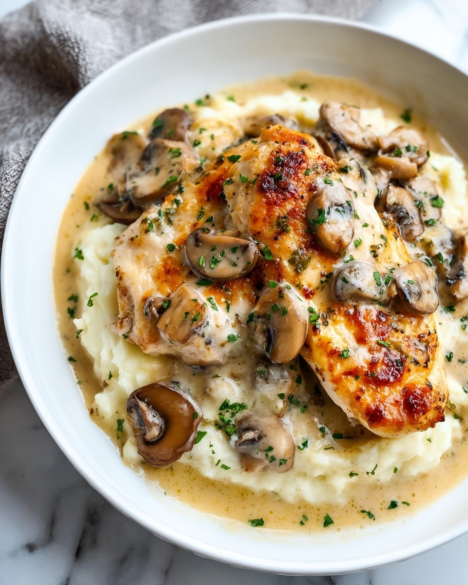 The dish shows two golden-brown, baked pieces of chicken on top of creamy mashed potatoes forming the bottom layer. Around the chicken and potatoes, creamy sauce with sliced, cooked mushrooms adds texture and color contrast, with small green herb sprinkles scattered on top. The meal is served in a deep white plate on a white marbled surface. Photo taken with an iphone --ar 4:5 --v 7