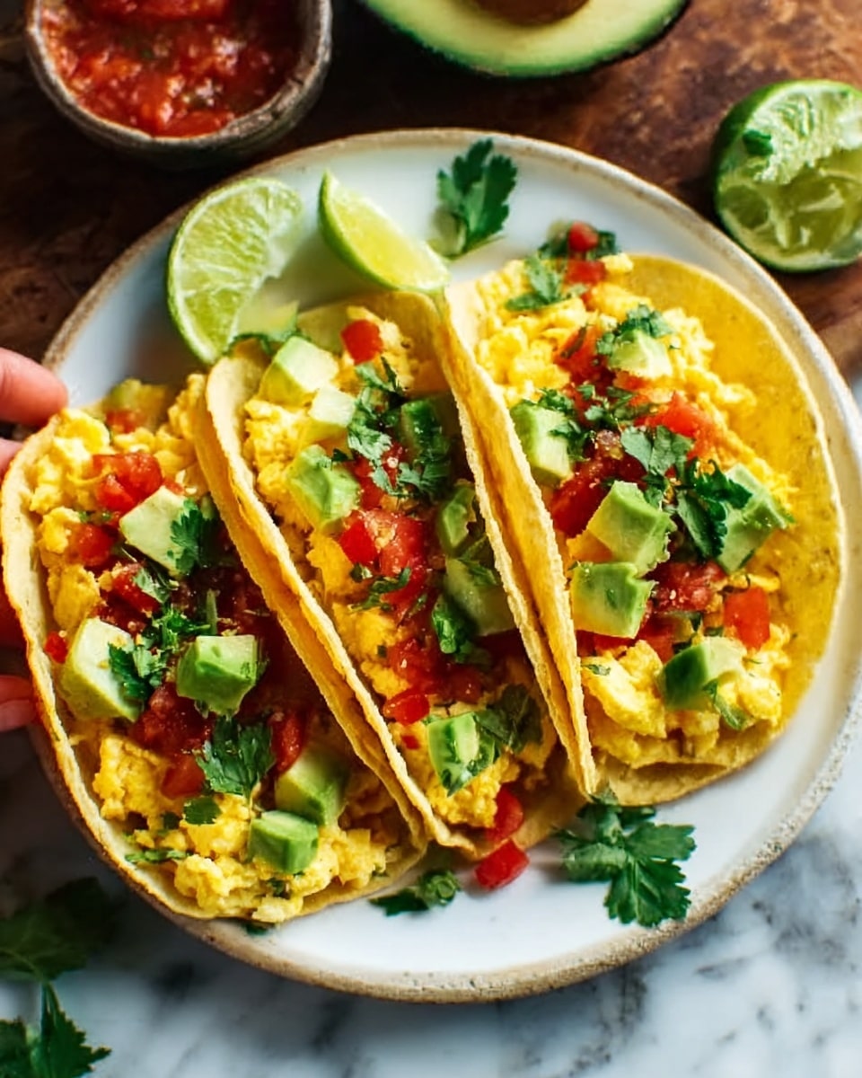 The image shows three tacos placed side by side on a white plate. Each taco has a soft yellow corn tortilla as the base, filled with layers starting with fluffy yellow scrambled eggs. On top of the eggs, there are small chunks of bright green avocado, evenly spread out. Fresh green cilantro leaves are scattered over the avocado, giving a splash of freshness. Bright red diced tomatoes add color and texture, along with small pieces of light green lettuce. Half a lime wedge sits next to the tacos on the plate. The plate is set against a white marbled surface with a small bowl of red salsa blurred in the background. A woman's hand is partly visible, reaching for one taco. photo taken with an iphone --ar 4:5 --v 7