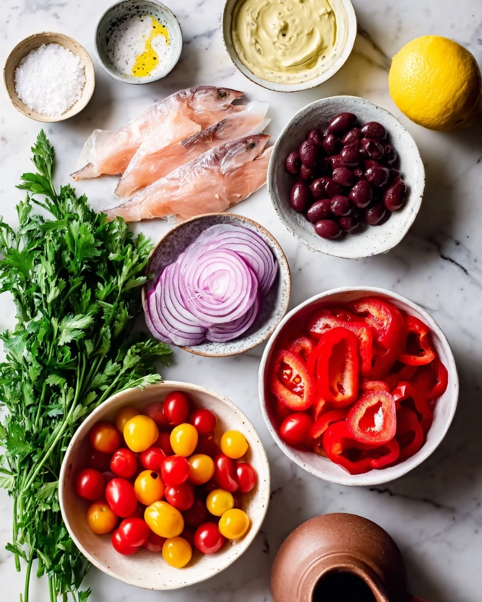 The image shows an overhead view of a white marble surface with a white bowl of small red and yellow cherry tomatoes at the bottom, a white bowl filled with bright red slices of bell pepper on the right, and a white bowl holding red onion rings just above the tomatoes. There is a bunch of fresh green parsley on the left side, a bowl of black olives near the center, and thin slices of raw fish fillets at the top left. Additional items include small bowls containing light-colored salt, creamy sauce, and a yellow lemon placed near a small brown teapot on the right side. Photo taken with an iphone --ar 4:5 --v 7