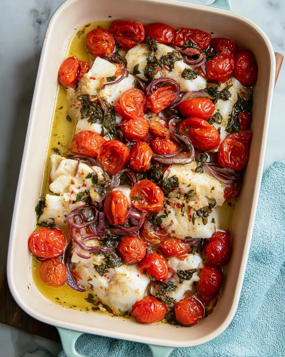 The image shows a white baking dish filled with cooked white fish pieces layered with bright red cherry tomatoes and thin slices of purple onion. There are green leafy herbs sprinkled evenly across the dish. The fish looks soft and flaky, surrounded by a light golden sauce with some oil shining on top. The tomatoes are slightly wrinkled and juicy, adding vibrant color contrast to the dish. The white baking dish sits on a white marbled surface with a light blue oven mitt visible under one side. Photo taken with an iphone --ar 4:5 --v 7