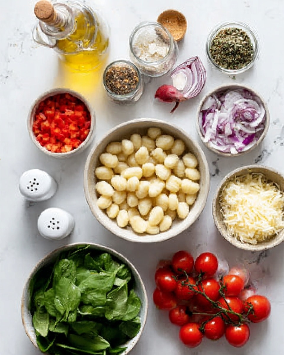 The image shows a white marbled surface with various small white bowls and containers holding fresh ingredients. In the center, a white bowl is filled with pale, round gnocchi pieces. To the right, a bunch of bright red cherry tomatoes is placed directly on the surface. Surrounding the main bowl, there are smaller bowls filled with chopped red bell peppers, green spinach leaves, red onion slices, and creamy white cheese. Two jars with brown and green herbs or spices are also visible near the top. A woman's hand is pouring golden olive oil from a clear bottle at the top left. Salt and pepper shakers are white and placed near the bottom left. The image is brightly lit, showcasing vibrant and fresh textures. photo taken with an iphone --ar 4:5 --v 7