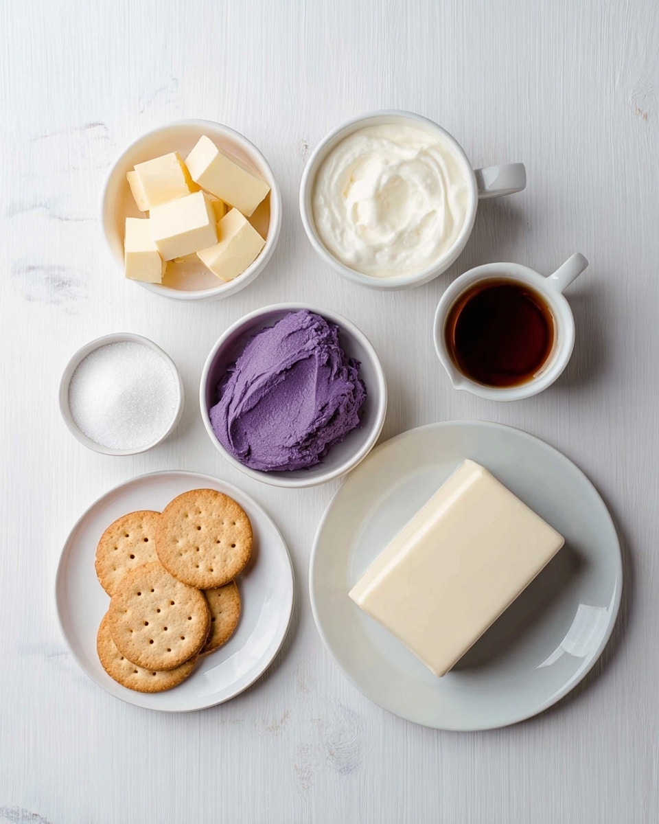 The image shows eight white dishes with different ingredients arranged on a white marbled surface. On the top left, a small white bowl holds several light yellow butter cubes. To the right, a white cup filled with white cream sits next to a tiny white bowl containing a dark brown liquid. Below, a white bowl with purple mashed filling is centered near the middle. On the right side, a large white plate holds two blocks of smooth, pale cream cheese. At the bottom left, a white plate has six round, light brown crackers with small holes on the surface. Below the purple filling, another white bowl contains fine white sugar. The overall scene is bright with soft shadows and a clean look, photo taken with an iphone --ar 4:5 --v 7