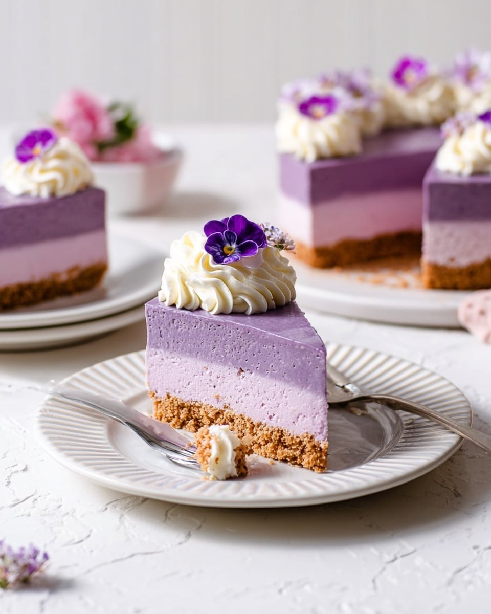 A round cake with two distinct layers is shown from above. The bottom layer is pale pink and smooth, covering the whole cake top. Around the edge, a ring of white whipped cream is piped in large swirls, evenly spaced. Placed on top of the whipped cream are purple and light pink edible flowers, alternating, with five flowers in total. The cake sits on a plain white plate. The surface under the plate is a white marbled texture, and a blue and white cloth with a leaf pattern lies to the right side. Photo taken with an iphone --ar 4:5 --v 7