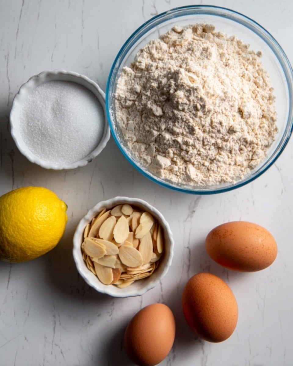 The image shows five ingredients on a white marbled surface. There is a small white bowl with white granulated sugar on the left, a larger clear bowl filled with light brown flour with some small clumps at the top center, a small white bowl containing light beige sliced almonds on the bottom right, and three brown eggs are placed below the bowls, slightly scattered. There is also one yellow lemon positioned near the left edge, close to the eggs. The lighting is soft and natural, highlighting the textures and colors clearly. Photo taken with an iphone --ar 4:5 --v 7