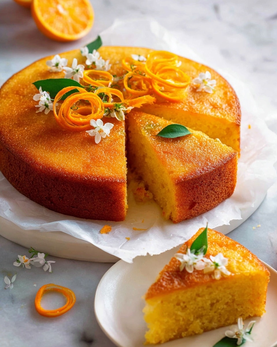 A round orange cake with a golden-brown top sits on white parchment paper on a white marbled surface. The cake has a smooth texture and is about one solid layer thick. A slice is cut out and slightly pulled away, showing the moist, soft inside matching the golden color of the top. The cake is decorated with thin orange peel spirals, a few small green leaves, delicate white flowers, and a small orange slice on top. In the foreground, there is a white plate holding the removed slice, also decorated with an orange peel spiral, a small green leaf, and white flowers. Photo taken with an iphone --ar 4:5 --v 7