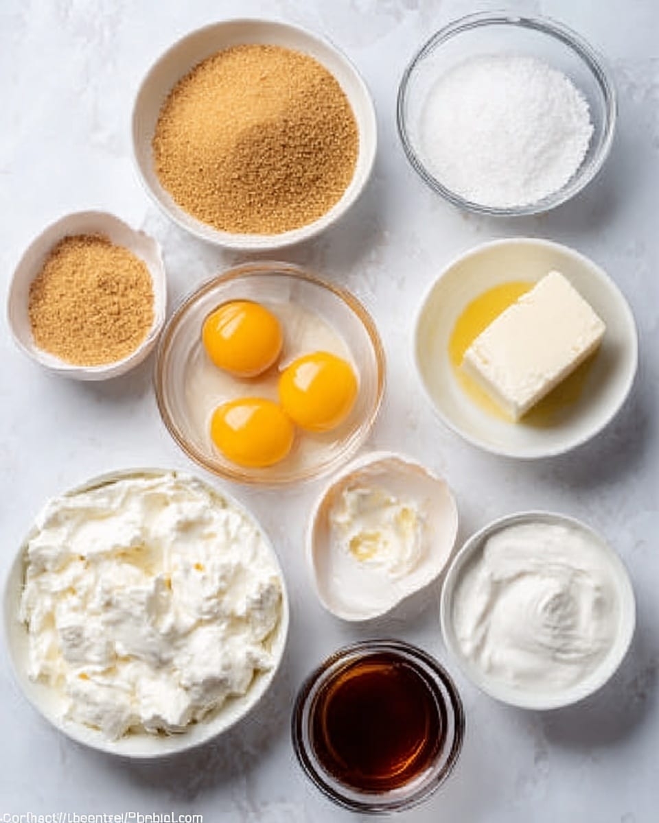 The image shows several small white bowls arranged on a white marbled surface, each holding different baking ingredients. There is a bowl with brown sugar, another with granulated white sugar, and a clear bowl with three cracked egg yolks. A larger bowl contains white sugar, while others hold cream cheese, vanilla extract, and sour cream. The ingredients are neatly placed and visually distinct, showing various textures from smooth creams to granulated sugar crystals. photo taken with an iphone --ar 4:5 --v 7