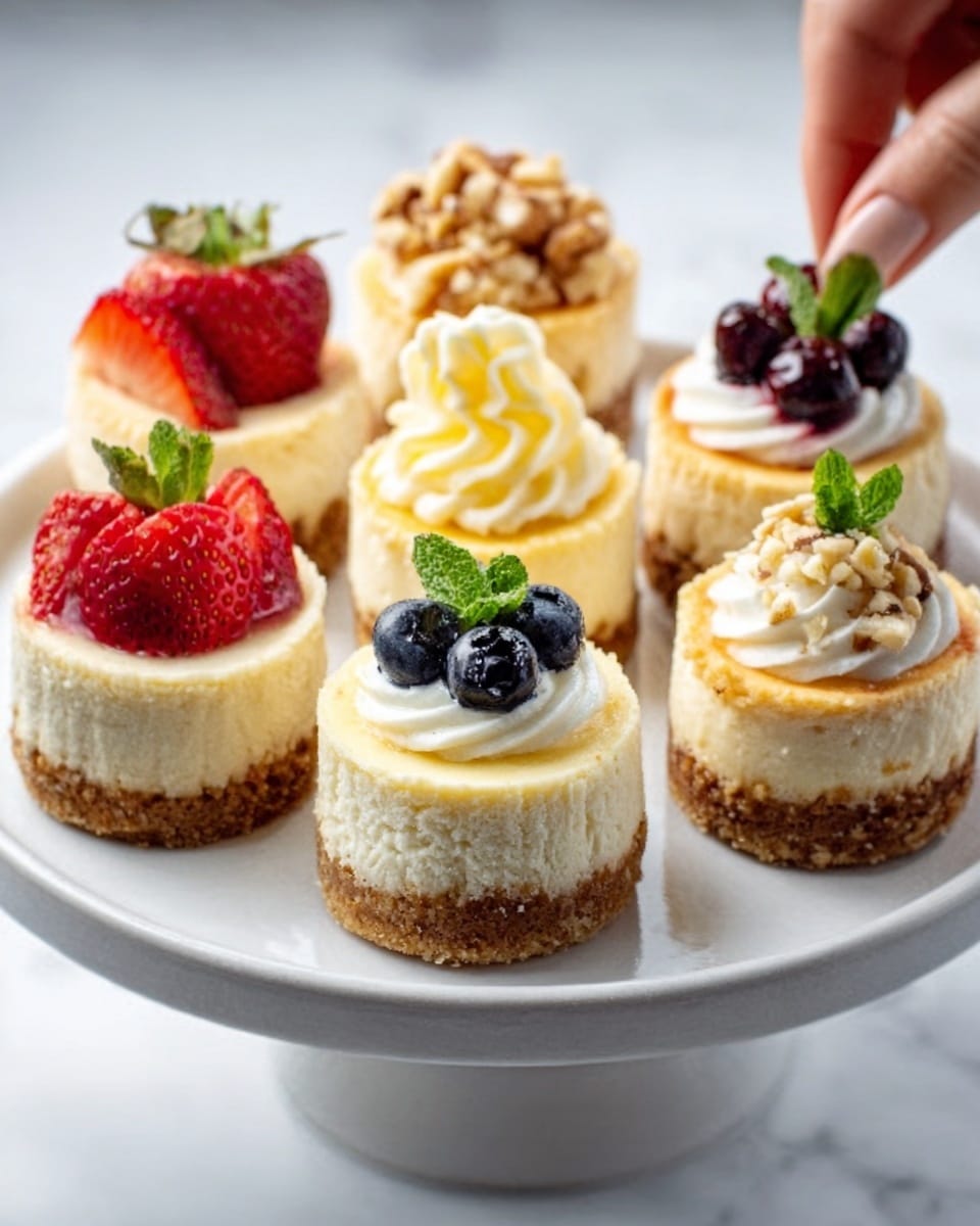 The image shows six small cheesecakes arranged in two rows on a white round cake stand placed on a white marbled surface. Each cheesecake has three layers: a crumbly light brown base, a thick creamy pale yellow middle layer, and a colorful topping. The toppings vary: two with fresh red strawberries, one with a swirl of pale yellow cream, two with small dark blueberries and a dollop of white cream with green mint leaves, and one with chopped nuts. A woman's hand is gently touching one of the cheesecakes at the back. The light is soft, making the colors look fresh and inviting, photo taken with an iphone --ar 4:5 --v 7