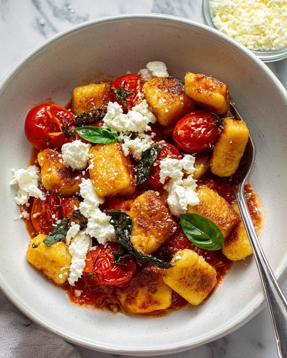 This dish shows a white bowl filled with three main layers: the bottom layer is a light red sauce with cooked cherry tomatoes and wilted green basil leaves; the middle layer is golden-brown fried gnocchi pieces with crispy edges scattered evenly; the top layer is sprinkled with soft, crumbly white cheese chunks. A silver spoon holds one browned gnocchi piece in the center of the bowl. The background has a white marbled texture with a small bowl of extra cheese partially visible at the top right. Photo taken with an iphone --ar 4:5 --v 7