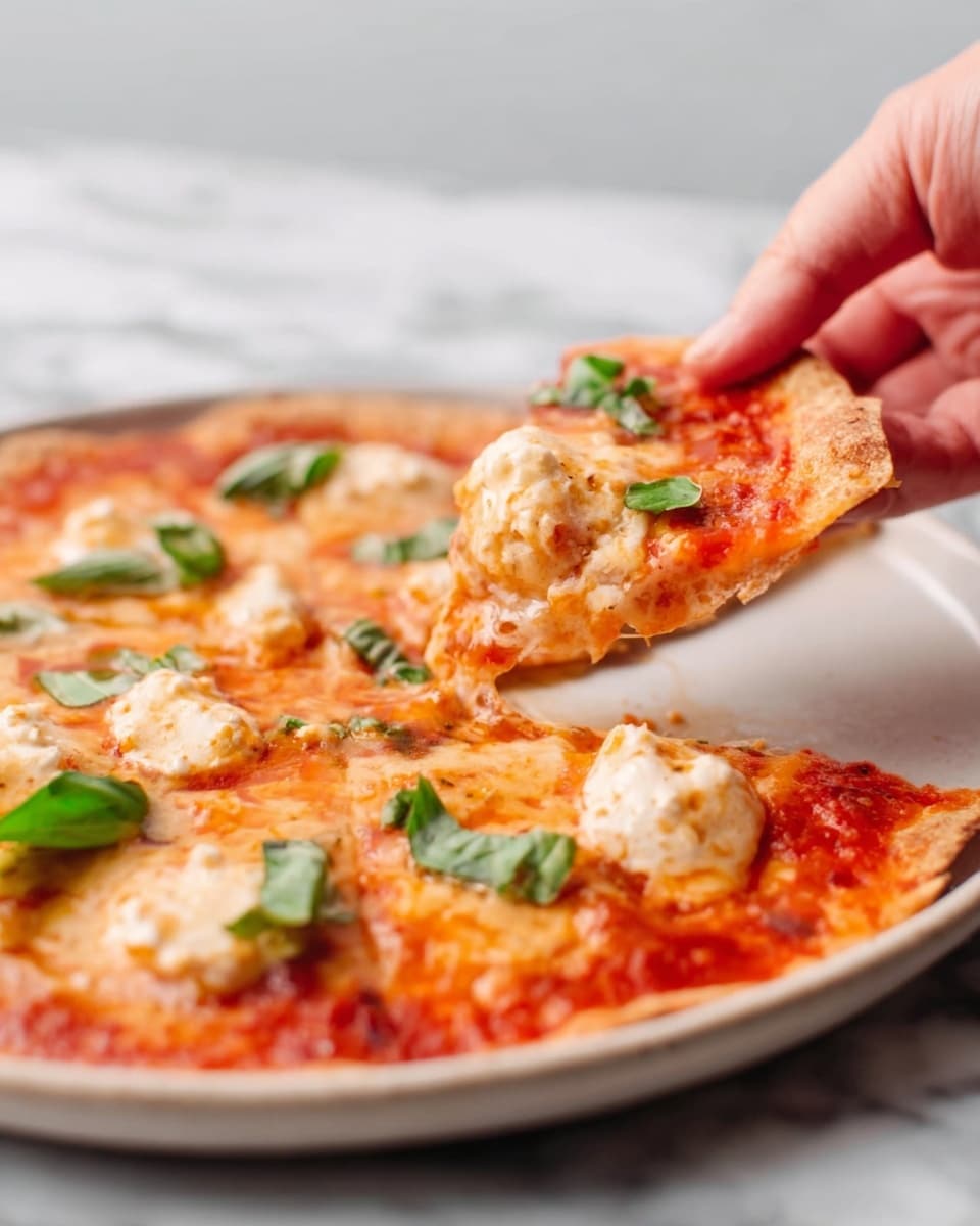 A close-up view shows a thin pizza on a white plate with a light crust. The base layer is bright red tomato sauce spread evenly over the dough. On top, there are small fluffy white cheese dollops melting gently. Green fresh basil leaves are scattered around the pizza. A woman's hand is lifting a slice, showing some melted cheese stretching from the pizza to the slice. The background is a white marbled surface. photo taken with an iphone --ar 4:5 --v 7