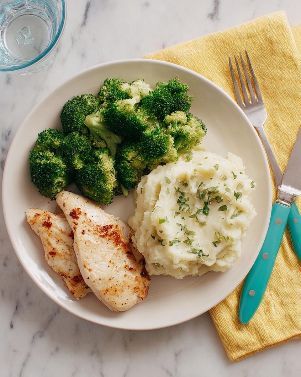 A white plate on a white marbled surface holds a meal with three parts: on the top left, bright green steamed broccoli florets with a fresh texture; on the bottom left, two pieces of light golden grilled chicken with slight browning and a smooth surface; on the right, a scoop of creamy mashed potatoes garnished with small pieces of green herbs. The plate is next to a yellow cloth napkin with a teal-handled knife and fork resting on it. Photo taken with an iphone --ar 4:5 --v 7
