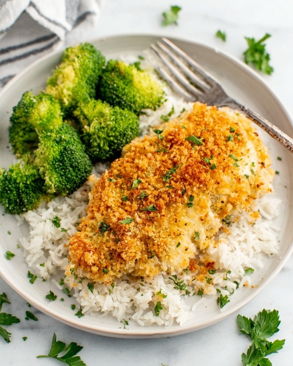 A white plate on a white marbled surface holds a serving of breaded baked chicken with a golden, crumbly texture on top. The chicken is placed over a bed of fluffy white rice that fills the bottom left part of the plate. Next to the chicken, on the upper right side, is a portion of bright green steamed broccoli with small, rounded florets. A silver fork rests near the top right side of the plate, and some scattered fresh parsley leaves are on the surface beside the plate. Photo taken with an iphone --ar 4:5 --v 7