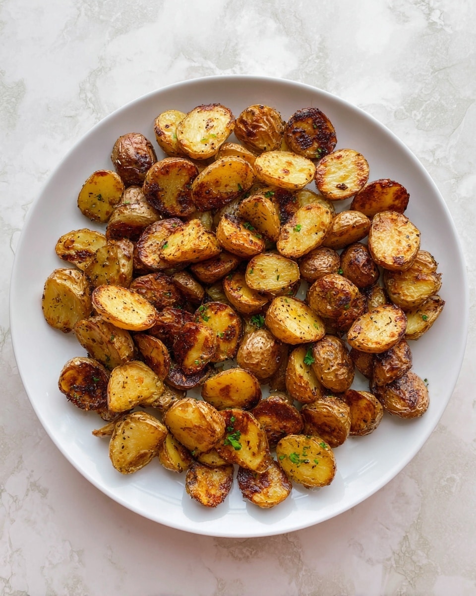 A white plate filled with a single layer of small roasted potato pieces, each cut into halves or quarters. The potatoes have a golden brown to dark brown color with a crisp texture, showing some charred spots and black pepper seasoning. The plate sits on a white marbled surface, and the potatoes are arranged to cover the entire plate evenly. photo taken with an iphone --ar 4:5 --v 7