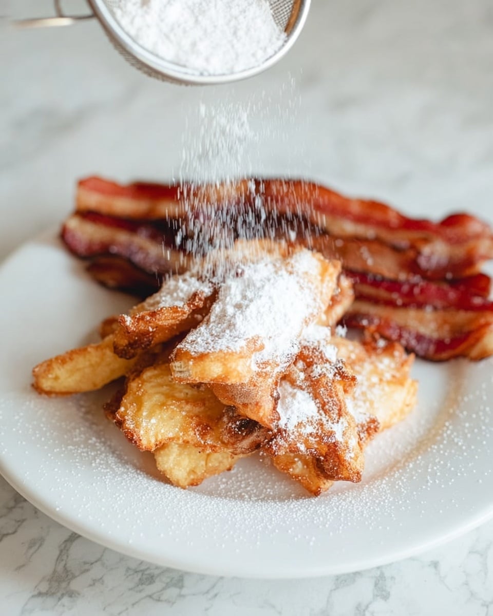 The image shows a close-up of several golden brown pieces of fried dough, some with a light crisp on the edges and soft centers, arranged on a white plate. The pieces are unevenly stacked, with a light dusting of powdered sugar sprinkled over them, giving a soft snowy effect. In the background, a few slices of cooked reddish-brown bacon add contrast. The whole dish sits on a white marbled surface. photo taken with an iphone --ar 4:5 --v 7