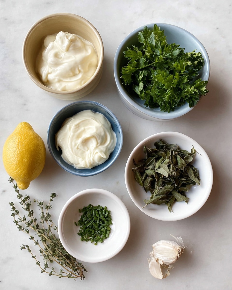 The image shows six items arranged on a white marbled surface: two small bowls at the top containing creamy white sauces with smooth, thick textures; one bowl is beige on the outside, the other has a beige rim and blue inside. Below them is a white bowl with fresh flat green parsley leaves, to its right is another white bowl filled with dried basil leaves that are curled and dark green. Below these is a small white bowl with chopped green herbs that look like chives, finely cut. To the left of these bowls is a whole bright yellow lemon and a small clove of garlic next to a few sprigs of thyme with small green leaves. Photo taken with an iphone --ar 4:5 --v 7
