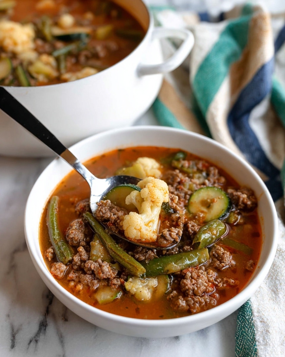 The image shows a white bowl filled with a thick soup that has visible layers of ground meat, green beans, cauliflower florets, and sliced zucchini in a reddish-brown broth. The spoon with a black handle and silver end is sitting inside the bowl, lifting a piece of cauliflower surrounded by ground meat and green beans. In the background, there is a white soup pot with a handle, filled with more of the same soup, and a striped cloth with blue, green, and beige colors is partly visible on the right side. The whole setting is on a white marbled surface. photo taken with an iphone --ar 4:5 --v 7