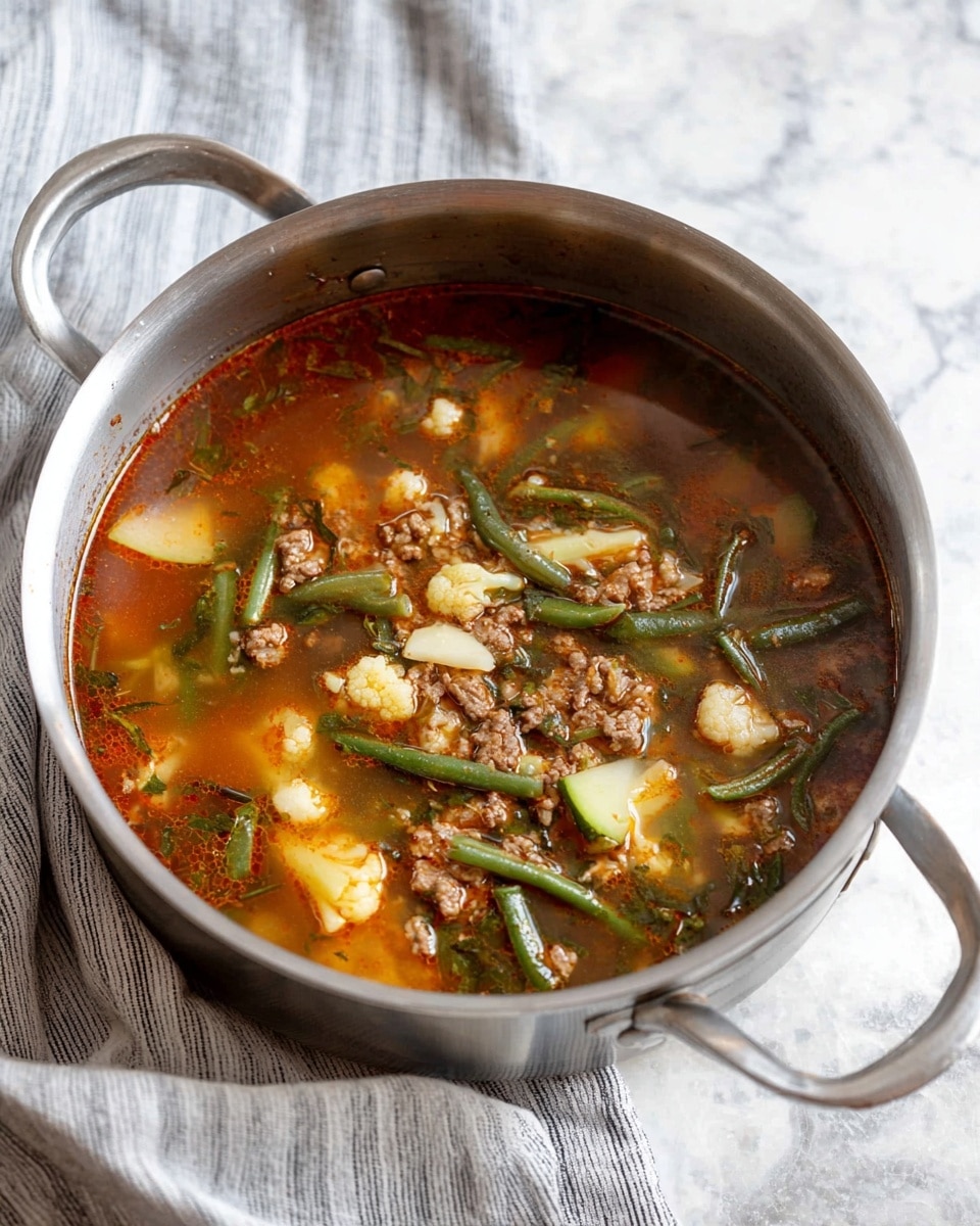 A metal pot filled with a vegetable and meat soup showing three main layers: a top layer of broth that is reddish, clear but with herbs and spices floating, a middle layer with green beans, cauliflower pieces, and slices of light yellow potato, and a bottom layer that has small chunks of cooked ground meat mixed in. The soup looks hot and savory with steam barely visible. The pot has handles and is set on a white marbled surface, with a striped light gray and white cloth in the background. Photo taken with an iphone --ar 4:5 --v 7