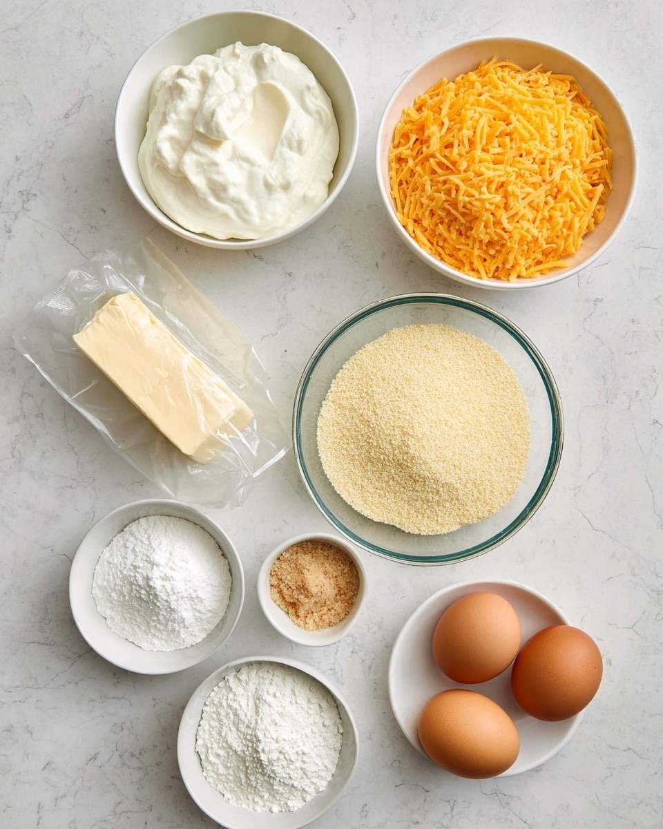 The image shows eight ingredients placed on a white marbled surface, arranged in a scattered but organized layout. At the top left is a white bowl filled with soft, white sour cream with a smooth texture. To its right is another white bowl filled with bright orange shredded cheddar cheese, which is dense and evenly packed. Below the sour cream, there is a clear glass bowl containing fine, pale yellow cornmeal. Next to it on the right is a beige crumbly mixture in a clear bowl, with a grainy texture. In the middle left, a wrapped block of butter with a pale yellow color lies flat on the surface. Below the butter is a small white bowl containing a white powder, likely baking powder. Next to it below and slightly right is another small white bowl with light brown sugar, coarse and crumbly. Lastly, in the bottom right corner, a white bowl holds three brown eggs with smooth shells. The entire setting is bright and clean. Photo taken with an iphone --ar 4:5 --v 7