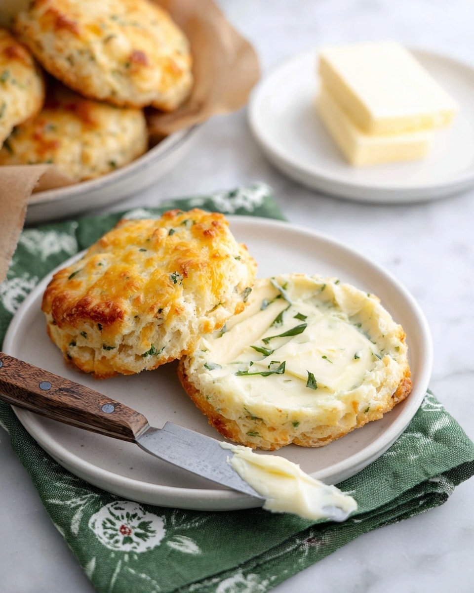 The image shows a white plate with a biscuit split into two halves. The top half is golden brown with melted cheese and small green herb pieces, textured and slightly crispy on the edges. The bottom half is creamy white with a smooth layer of butter spread on it, visible green herbs inside as well. A butter knife with a wooden handle rests on the plate with a small amount of butter on the blade. The plate sits on a green cloth with a floral pattern, placed on a white marbled surface. In the background, there is a white plate holding more biscuits and a white plate with a chunk of butter, slightly out of focus. Photo taken with an iphone --ar 4:5 --v 7