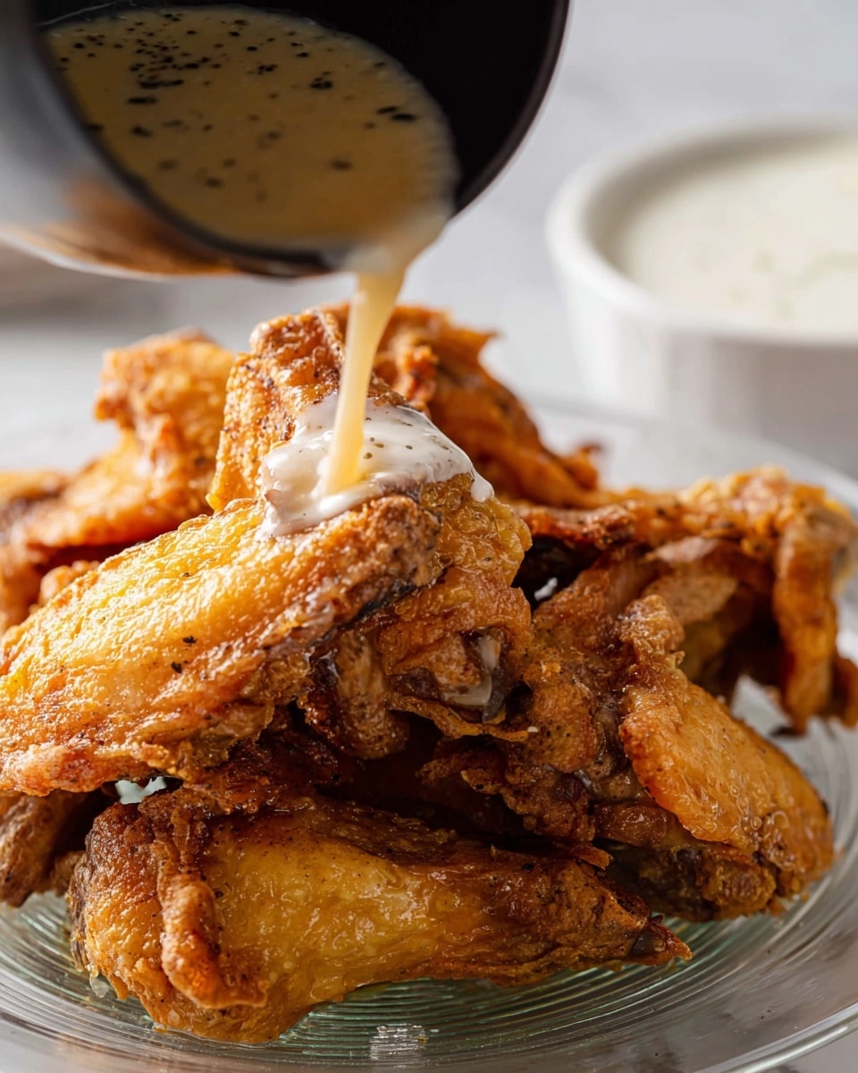 A pile of golden brown fried chicken wings sits on a clear glass plate placed on a white marbled surface. The wings have a crispy skin with varying shades of light and dark golden browns, showing a crunchy texture. Above the wings, a dark pan is pouring a light brown sauce with small black specks over the top layer of wings, the sauce looking frothy and smooth as it drips down. The background shows a blurred white bowl with a creamy white dip inside. Photo taken with an iphone --ar 4:5 --v 7