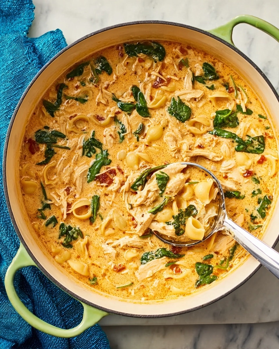 A round white pot with light green handles is filled with thick creamy soup that has several layers and textures. The base is a rich orange cream with bits of light brown chicken pulled into pieces. There are fresh bright green spinach leaves scattered evenly throughout the soup. Small pieces of soft, light yellow pasta shells float among the cream and spinach. A silver ladle inside the pot scoops up a mix of the creamy orange soup, chicken pieces, spinach, and pasta. The pot sits on a white marbled surface with a blue cloth to the side. Photo taken with an iphone --ar 4:5 --v 7
