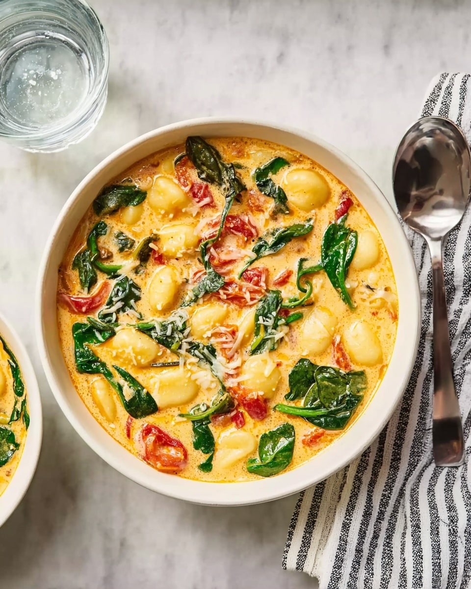 A white bowl filled with a creamy orange soup that has three layers visible: at the bottom, small gnocchi pieces in a pale yellow color; in the middle, wilted bright green spinach leaves and chunks of red tomato scattered throughout; at the top, a light layer of melted cheese and some creamy broth showing a smooth texture. The bowl is placed on a white marbled surface next to a glass of water and a striped cloth with a spoon resting on it. Photo taken with an iphone --ar 4:5 --v 7