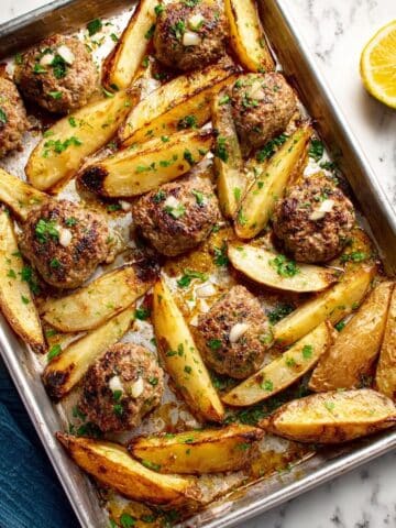 Sheet Pan Biftekia with Lemony Potato Wedges Recipe