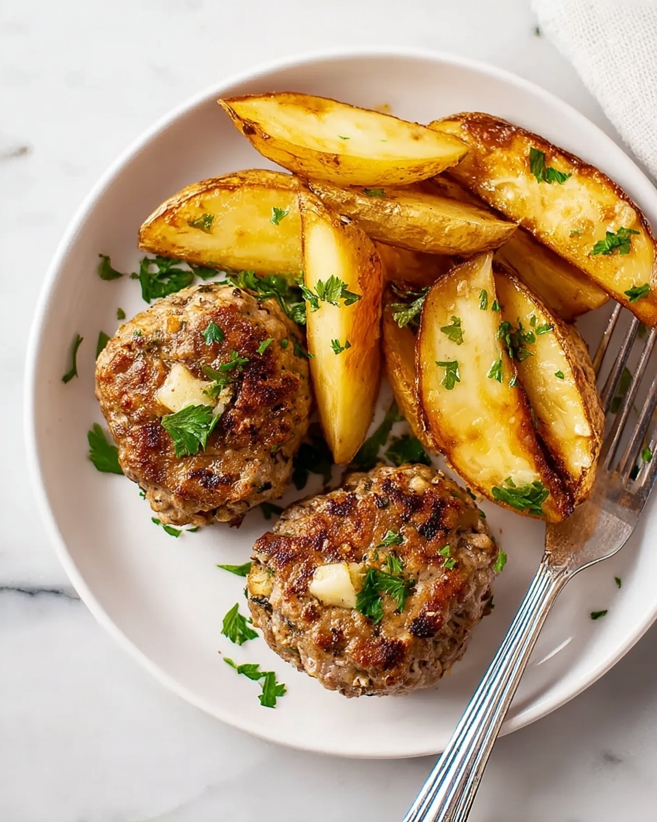A white plate sits on a white marbled surface, holding two golden-brown meat patties with visible bits of herbs and garlic inside, each topped with small green parsley leaves. Around the patties are five thick potato wedges, roasted to a crispy golden color with browned edges, also sprinkled with fresh green parsley. To the right side of the plate, a shiny silver fork rests partly on the plate edge. The image is bright and clean, showing simple, home-cooked food. photo taken with an iphone --ar 4:5 --v 7