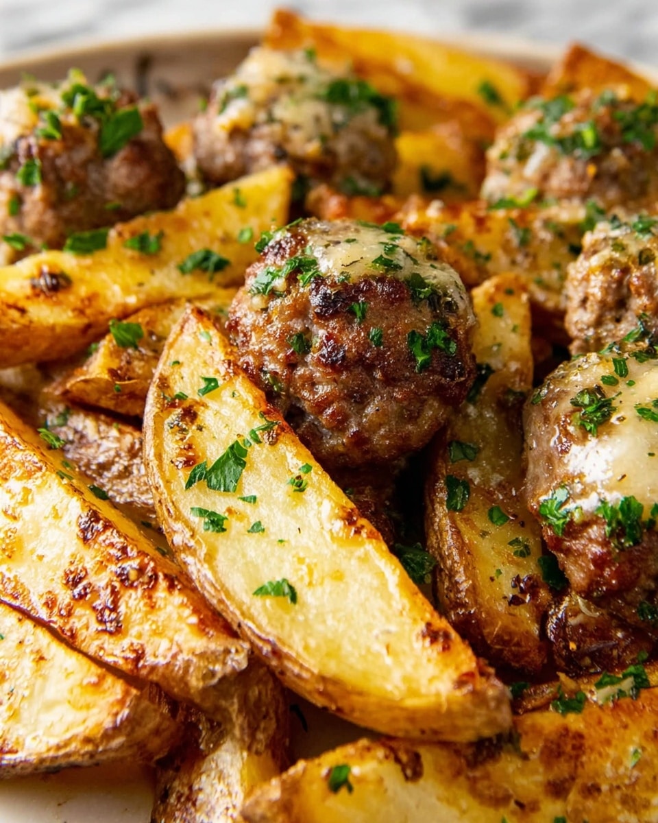 The image shows a close-up of a dish with one main layer of golden brown potato wedges that have a slightly crispy texture around the edges. On top of some potato wedges, there are small meat patties that appear juicy and have bits of melted cheese and finely chopped green herbs sprinkled all over them. The background has a white marbled texture, and the dish looks warm and freshly cooked with visible steam and oily shine on the potatoes and meat. photo taken with an iphone --ar 4:5 --v 7