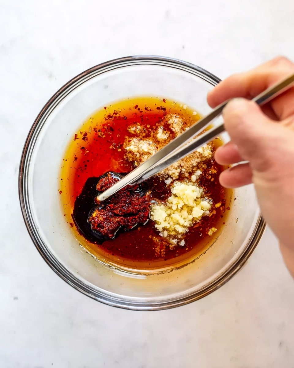 A clear glass bowl sits on a white marbled surface, filled with an oily reddish-brown liquid base. In the liquid, there are three main layers: a clump of dark red paste on one side, a cluster of pale yellow crushed garlic on the right, and a thin layer of dark brown sauce floating on top and mixing lightly with the red oil around it. A woman's hand holds silver chopsticks stirring the ingredients, creating small ripples in the liquid. The scene is bright, highlighting the different textures and colors inside the bowl photo taken with an iphone --ar 4:5 --v 7