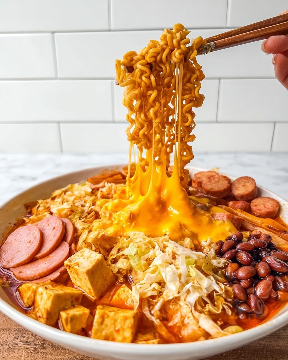 A close-up of a bowl of spicy ramen with many layers. The top center shows curly, golden noodles being picked up by chopsticks held by a woman's hand, with melted yellow cheese dripping from the noodles. The bowl is full of a reddish-orange broth. Around the edges of the bowl, there are slices of pink sausage, pieces of tofu with a light brown fried edge, dark brown beans, and shredded light-colored cabbage. The bowl is white, sitting on a white marbled surface, and the background is a white tiled wall. Photo taken with an iphone --ar 4:5 --v 7
