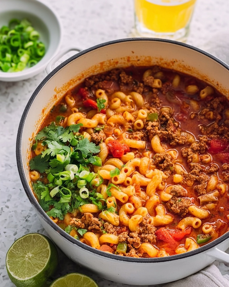 A white pot filled with prepared macaroni chili, showing 3 layers: the bottom layer is a thick reddish chili sauce with bits of cooked ground meat, the middle layer has elbow macaroni mixed in with chunks of red tomatoes and green peppers, and the top layer is sprinkled with fresh green onion slices and garnished with a small bunch of cilantro and a lime wedge on the left side of the pot. In the background, there is a small white bowl with green onion pieces and a glass of yellow liquid on a white marbled surface. Photo taken with an iphone --ar 4:5 --v 7